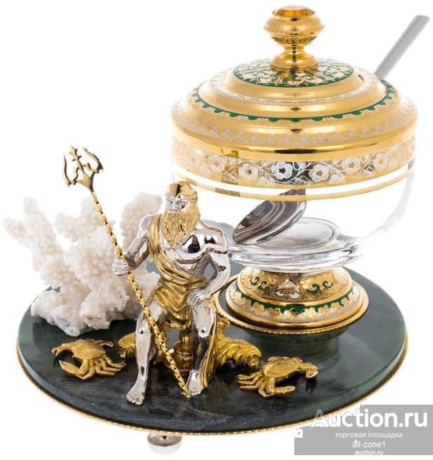 Икорница подарочная с кораллами ПОСЕЙДОН на нефрите 048-619