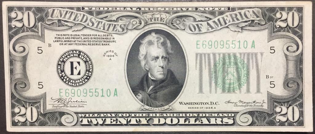 20 долларов 1934 год Е 69095510 А США