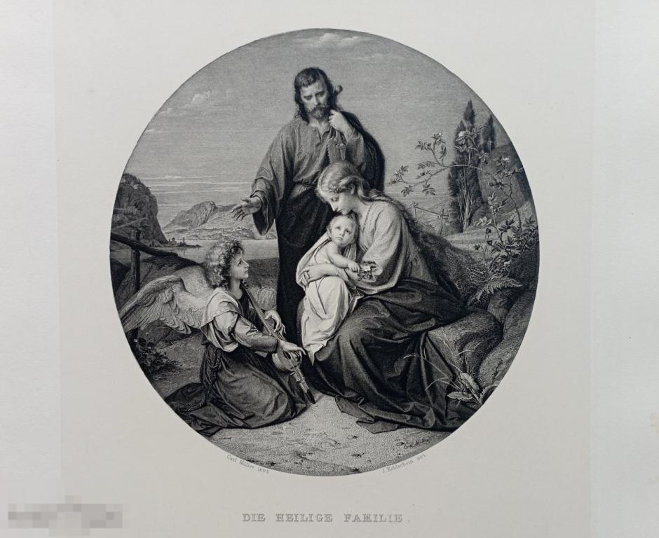 Святое Семейство Гравюра 19 век Карл Мюллер Ангел Музыка