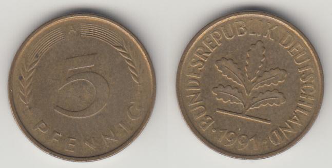 Германия ФРГ 5 пфеннигов 1991 А М