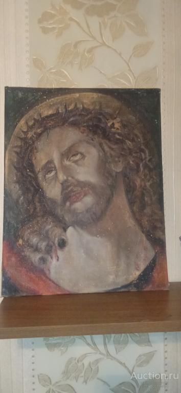Рукописная икона маслом :"Спас в терновом венце, 32на 40см,с подписью Митрополита! "