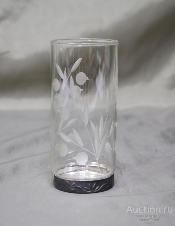 Рюмка стопка, дно мельхиор, гравировка, стекло, высота 9,7 см  (21)