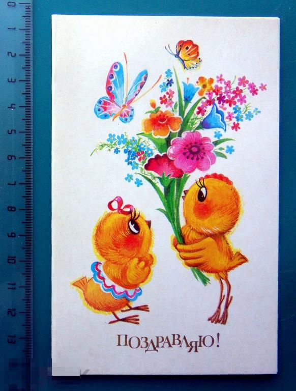 Новаковская ПОЗДРАВЛЯЮ! 1985 - Е102 -- чистая двойная ЦЫПЛЕНОК цветы БАБОЧКА