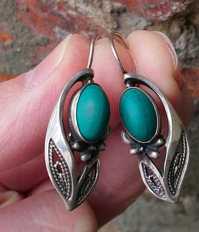 Серебряные серьги малахит серебро 925 со звездой СССР 1980 винтаж