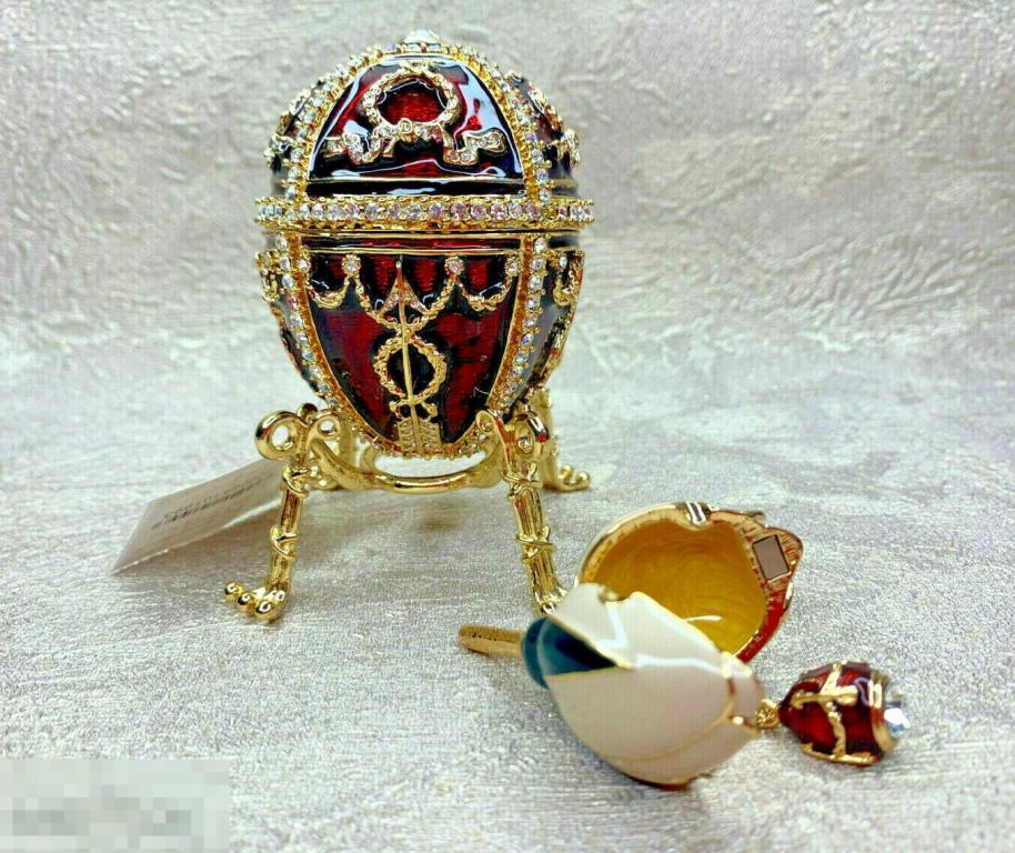 Яйцо пасхальное Фаберже с бутоном и подвеской, бордовое