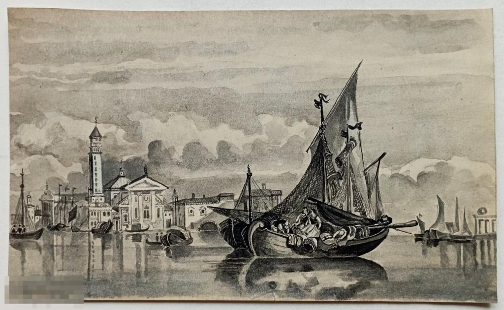 Акварель 19 век Венеция Корабли Море Пейзаж Антикварный Рисунок