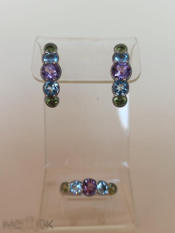 Комплект: серьги + кольцо (18 разм) . Аметист, голубой топаз, хризолит. Серебро. К1.