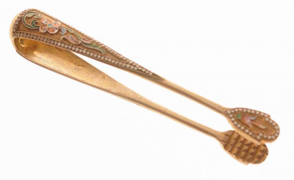 Щипцы для сахара из позолоченного серебра, перегородчатая эмаль