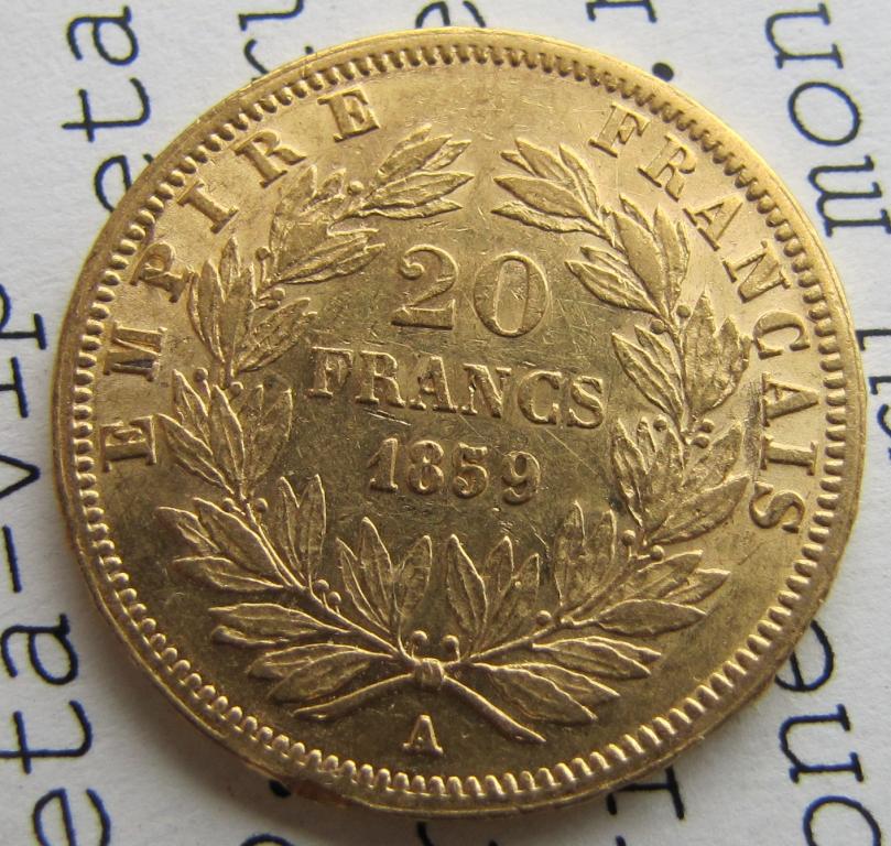 20 франков 1859 А Франция. Золото. Наполеон III