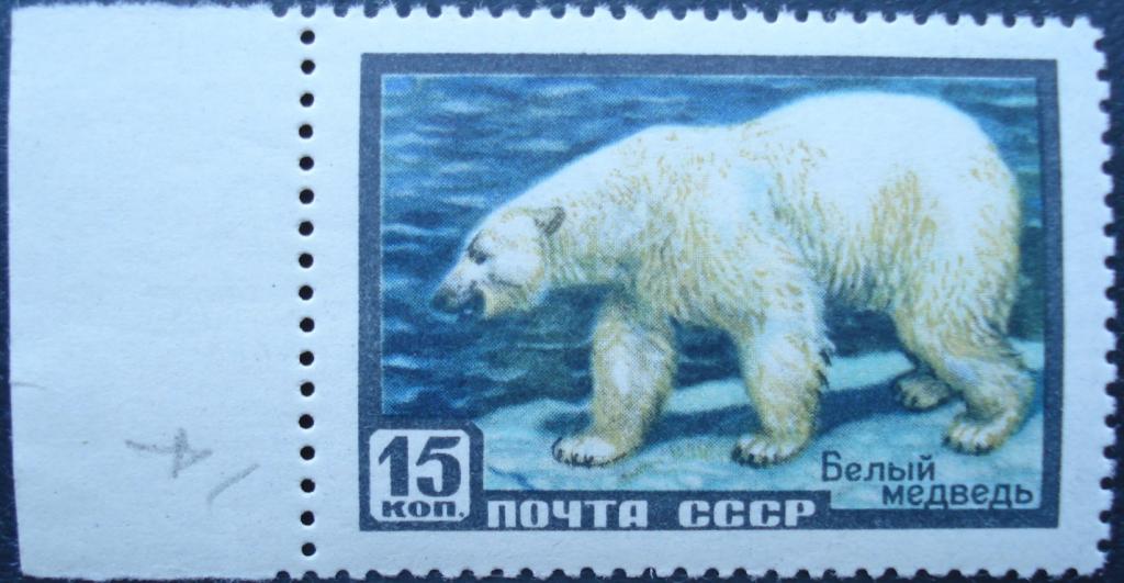 1957 г. СССР. Фауна СССР. 15 коп. Белый медведь. Левое поле. **