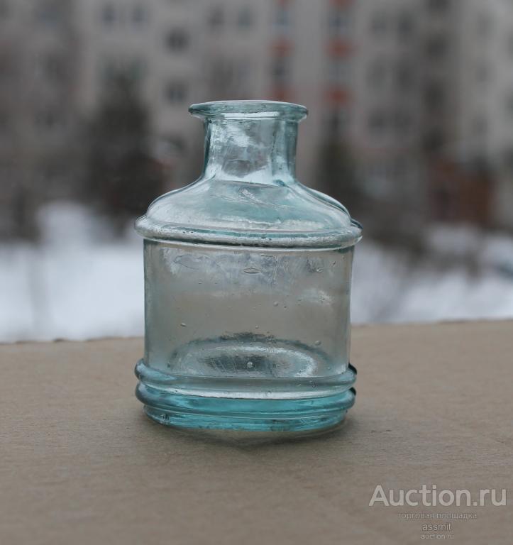 Чернильница не частое голубое стекло Росийская Империя до 1917 года  6 см