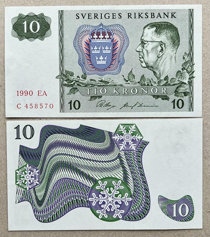 ШВЕЦИЯ 10 КРОН 1990 ГОД UNC