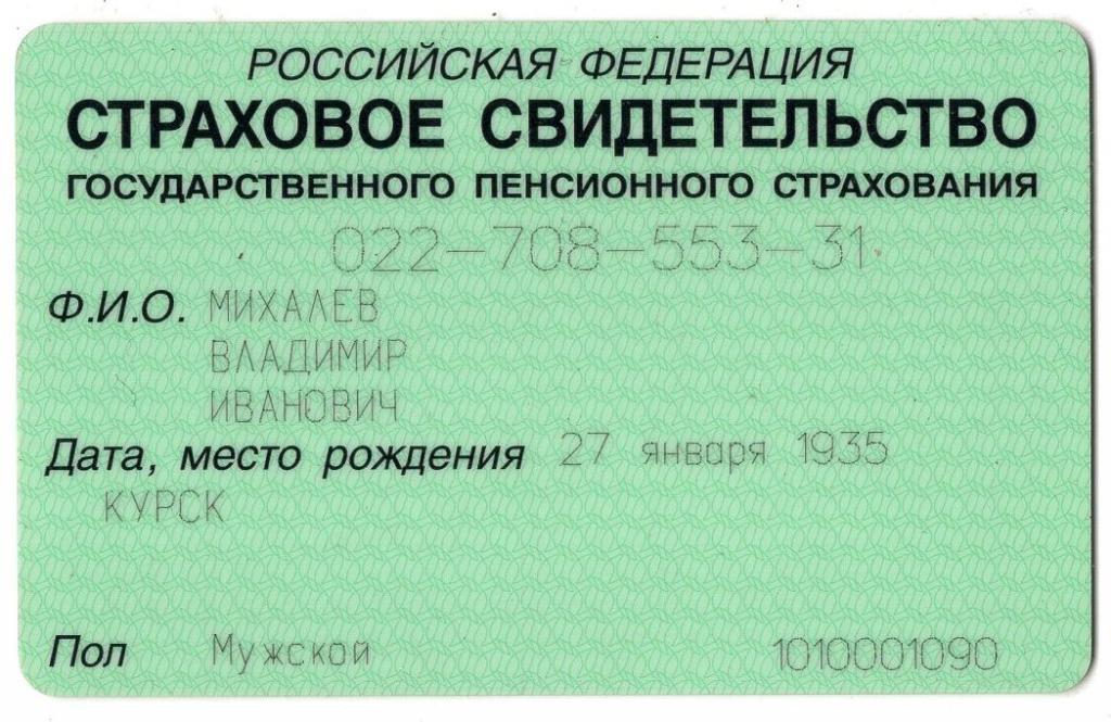 Страховое Свидетельство Государственного пенсионного страхования 1010001090 Россия
