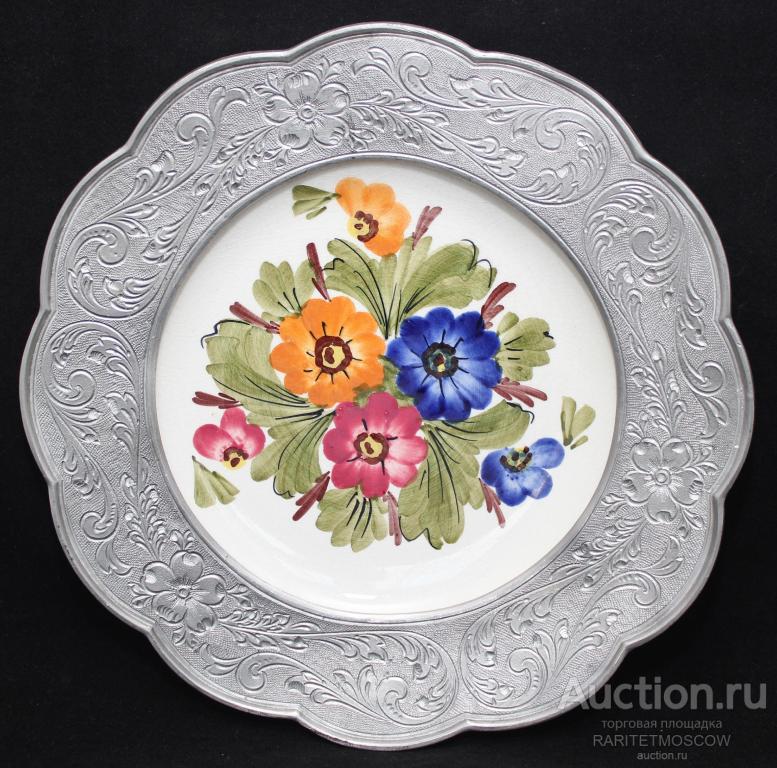 Тарелка старинная антикварная панно цветы фарфор олово WMF Германия 32