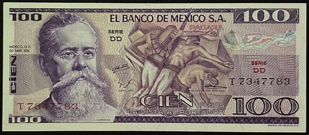 Мексика 100 песо 1974 год ( серия DD) ПРЕСС/UNC