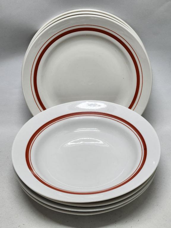 Тарелки фарфор Рига 9 шт белые с бардовой полоской обеденные десертные суповые