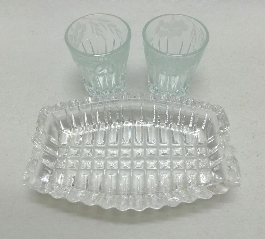 Пепельница + 2 стопки, стекло, алмазная резка