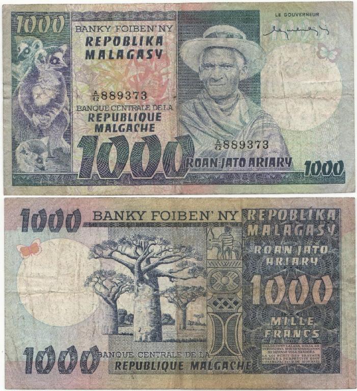 Банкнота Мадагаскар 1974 год 1 000 франков Старик   VF