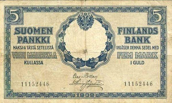 Clas von Collan - Hisinger-Jagerskiold Банкнота Финляндия 1909 год 5 марок    VF