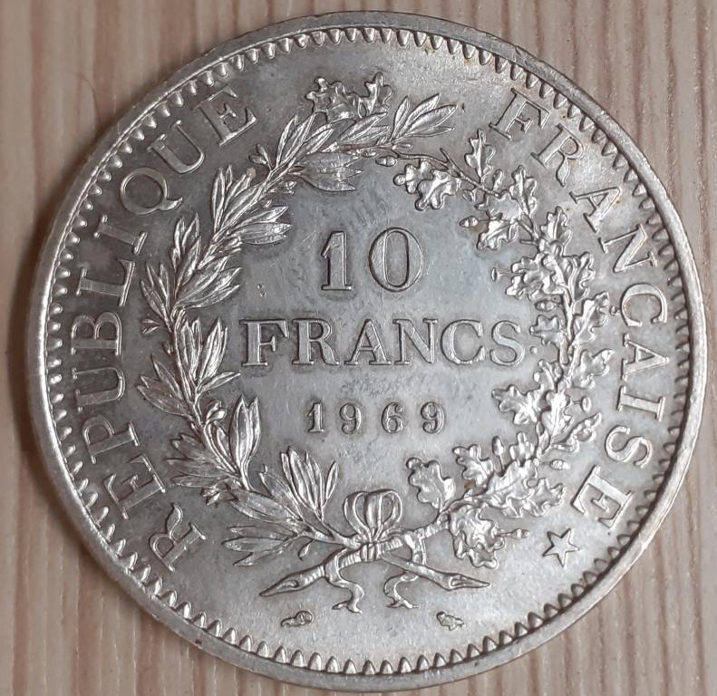 Франция 10 франков 1969 г. Геркулес и музы.Серебро. Оригинал. aUNC
