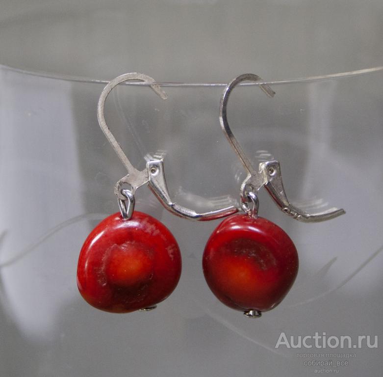 Серьги коралл натуральный, галтовка, белый металл (1244)