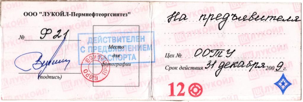 Временный Пропуск 2009 ООО Лукойл Пермнефтеоргсинтез Россия