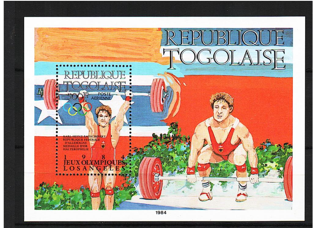 Того** 1985 г   Блок спорт Надпечатка Ми - 5 евро