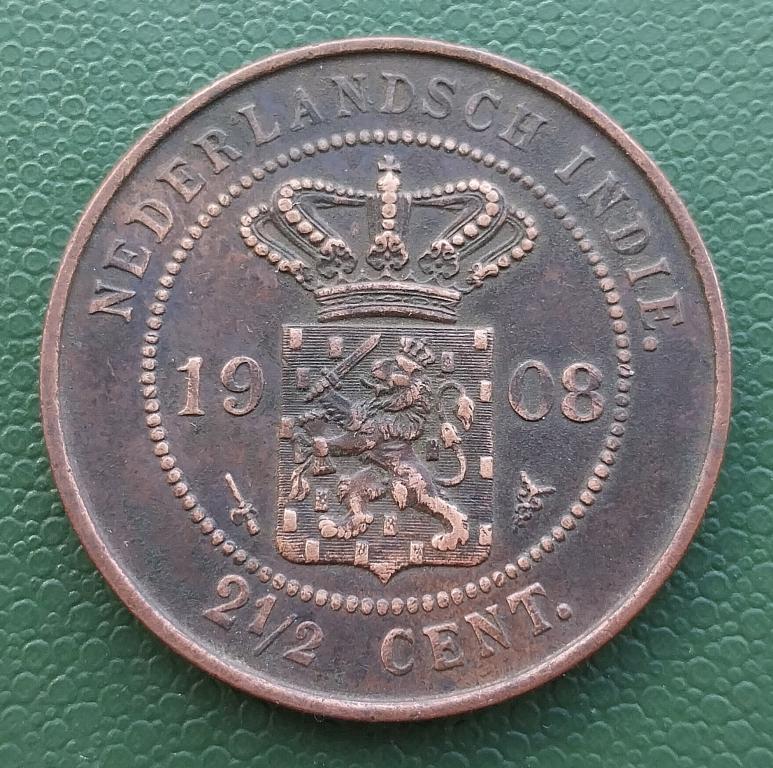 N1, Голландская Ост-Индия, KM#308, 2 1/2 цента 1908, Wilhelmina, Cu