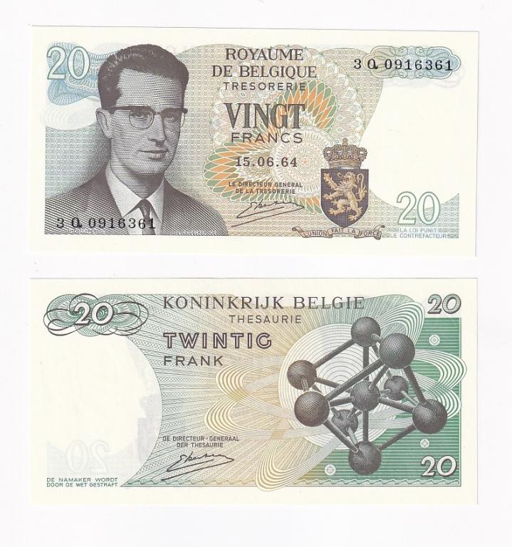 Бельгия Банкнота 20 франков 1964 год Серия 3Q UNC (44797)