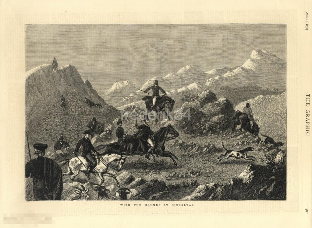 1876 год 2 Graphic гибралтар охота охотник всадник собака коза