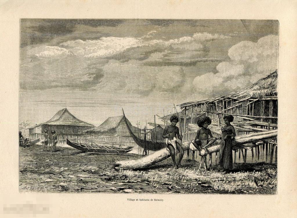 1879 гравюра Новая Гвинея Папуа Дом на сваях архитектура аборигены воин этнография