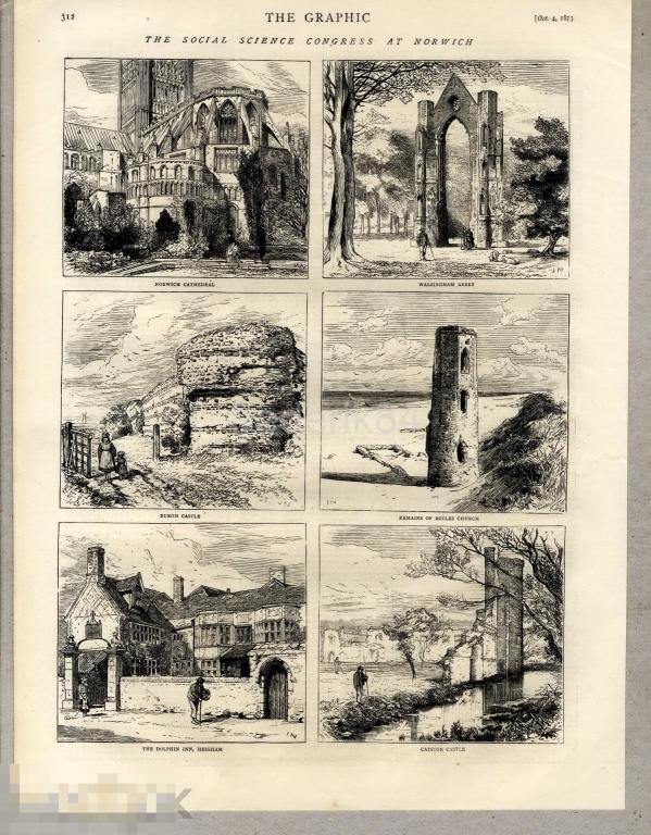 1873 год 2 Графика англия норвич архитектура крепость замок