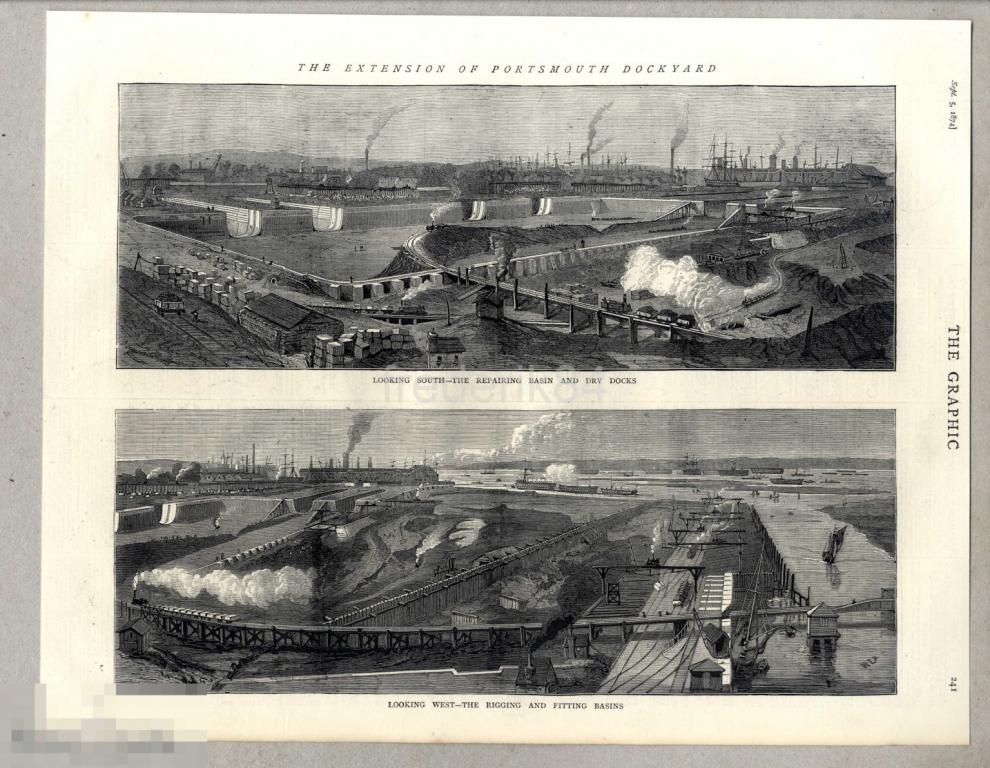 1874 год 2 Графика Graphic англия портсмут док верфь корабль флот