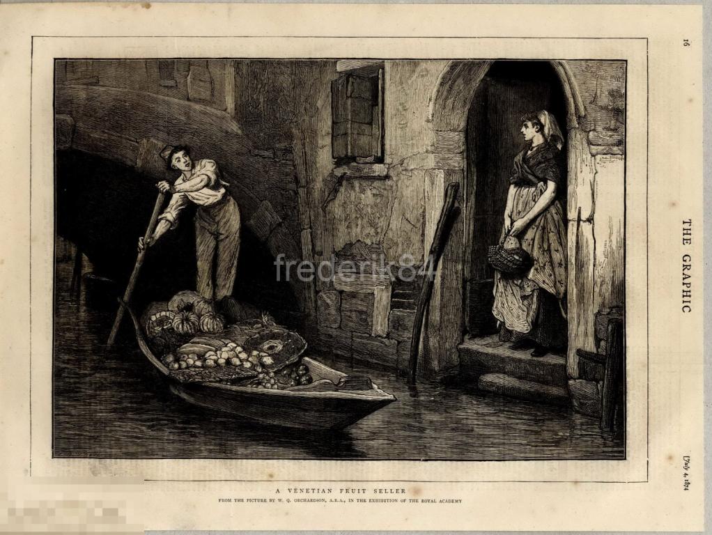 1874 год 2 Graphic италия венеция продавец фрукты канал лодка девушка