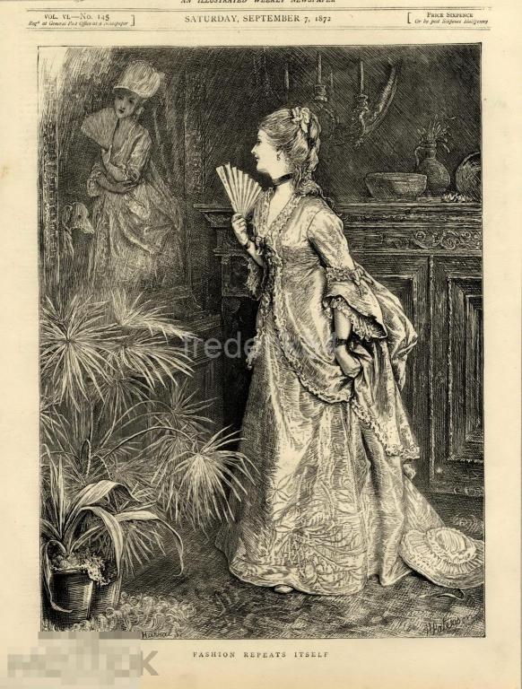 1872 год Graphic девушка дама мода костюм веер зеркало